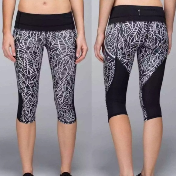 Lululemon Run A Marathon Crop II Pretty Palm Black Angel Wing Size 4 Running - Picture 1 of 10